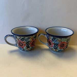 Pair of Unikat Polish Pottery Multicolor Hand Painted Floral Signed Tea Cups.
